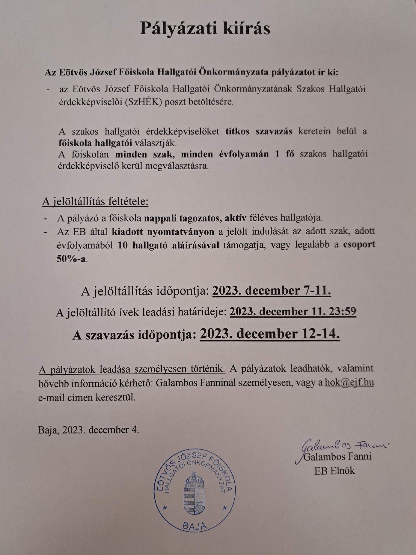 HÖK pályázati kiírás