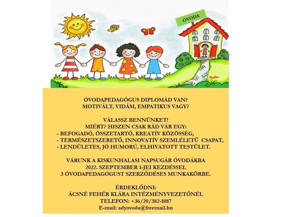 Álláshirdetés - Kiskunhalasi Napsugár Óvodák