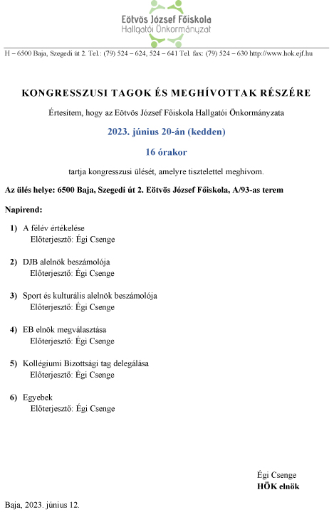 Meghívó HÖK kongresszusi ülésre