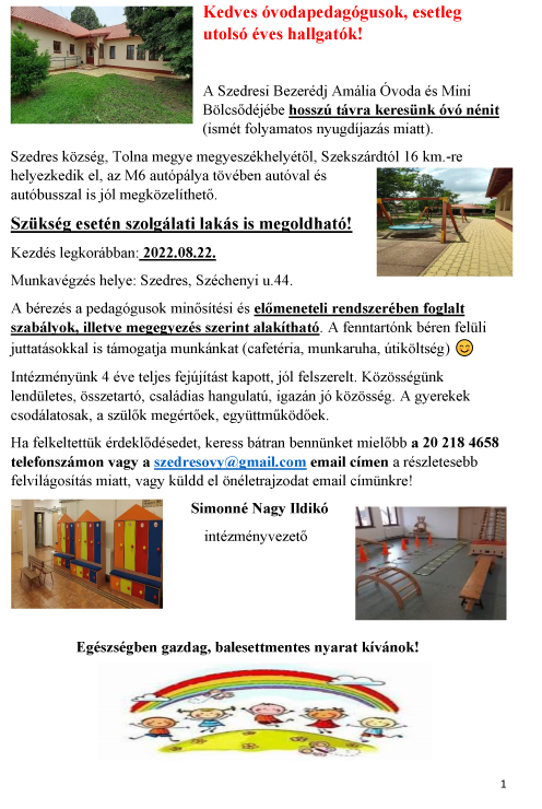 Álláshirdetés - óvodapedagógus 