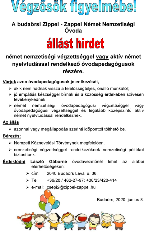 álláshirdetés óvodapedagógusok részére