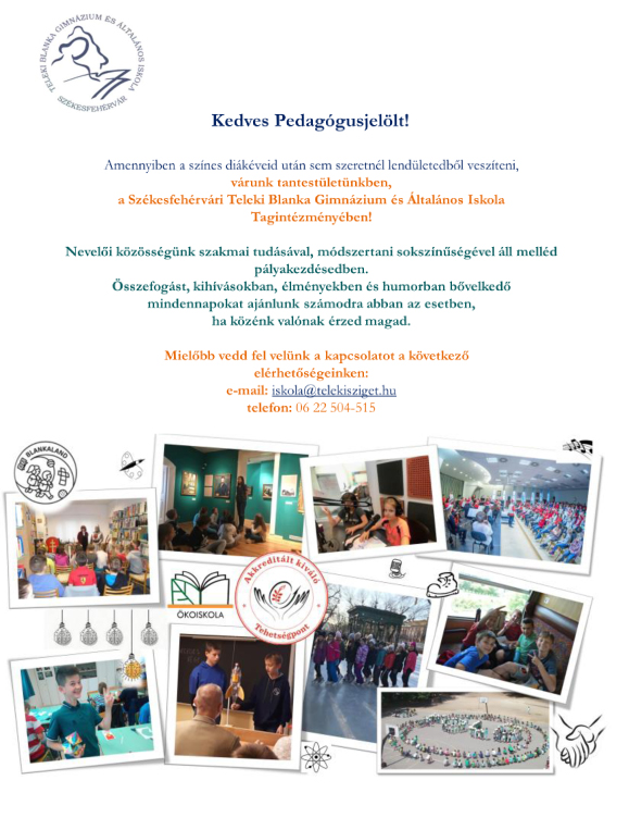 Székesfehérvári Teleki Blanka Gimnázium és Általános Iskola Tagintézményének felhívása 