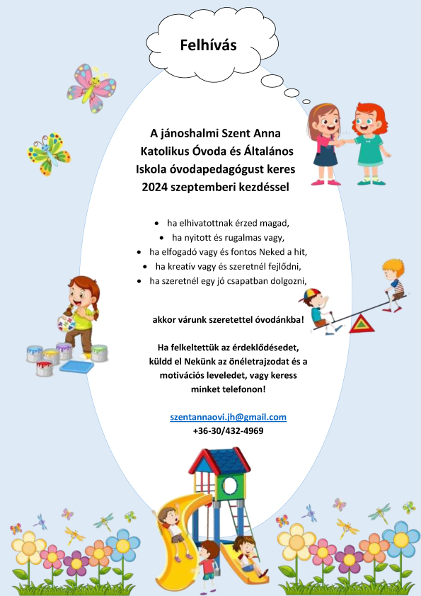 Álláslehetőség a jánoshalmi óvodában.