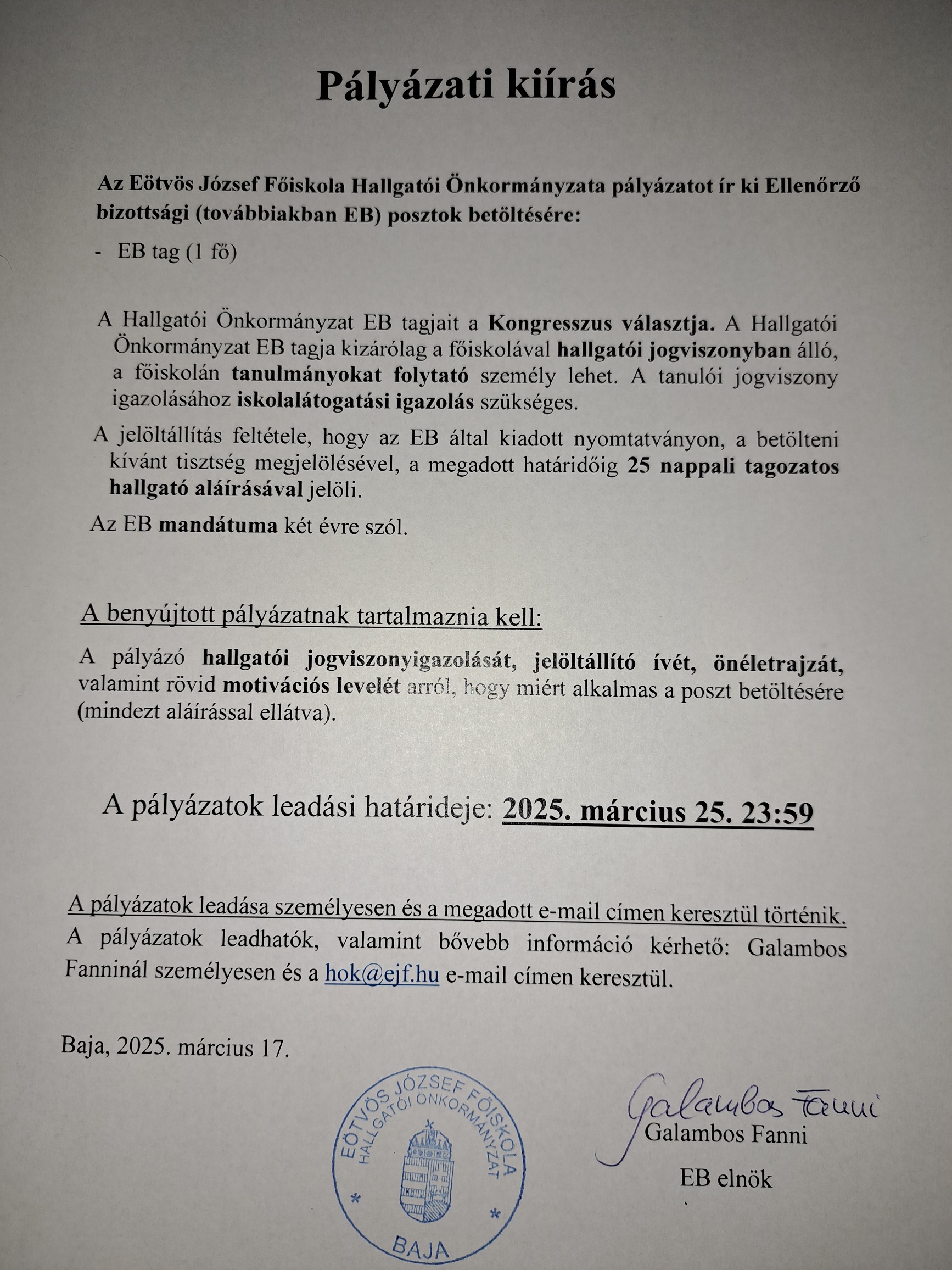 HÖK pályázati kiírás