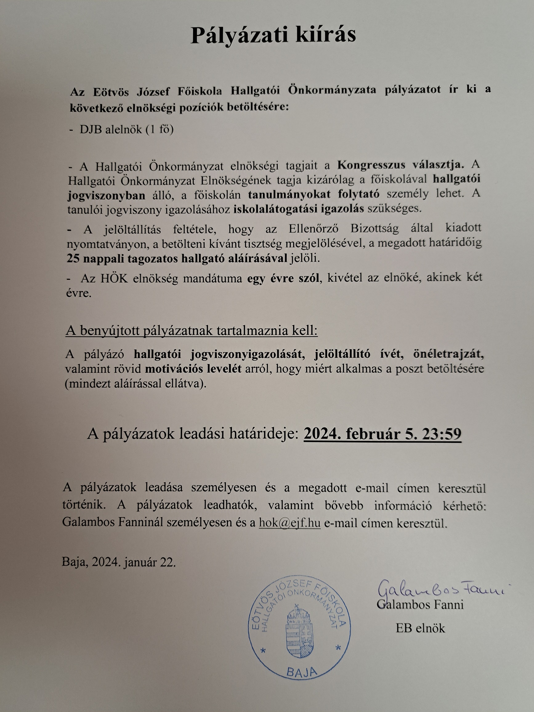 Pályázati kiírás - HÖK