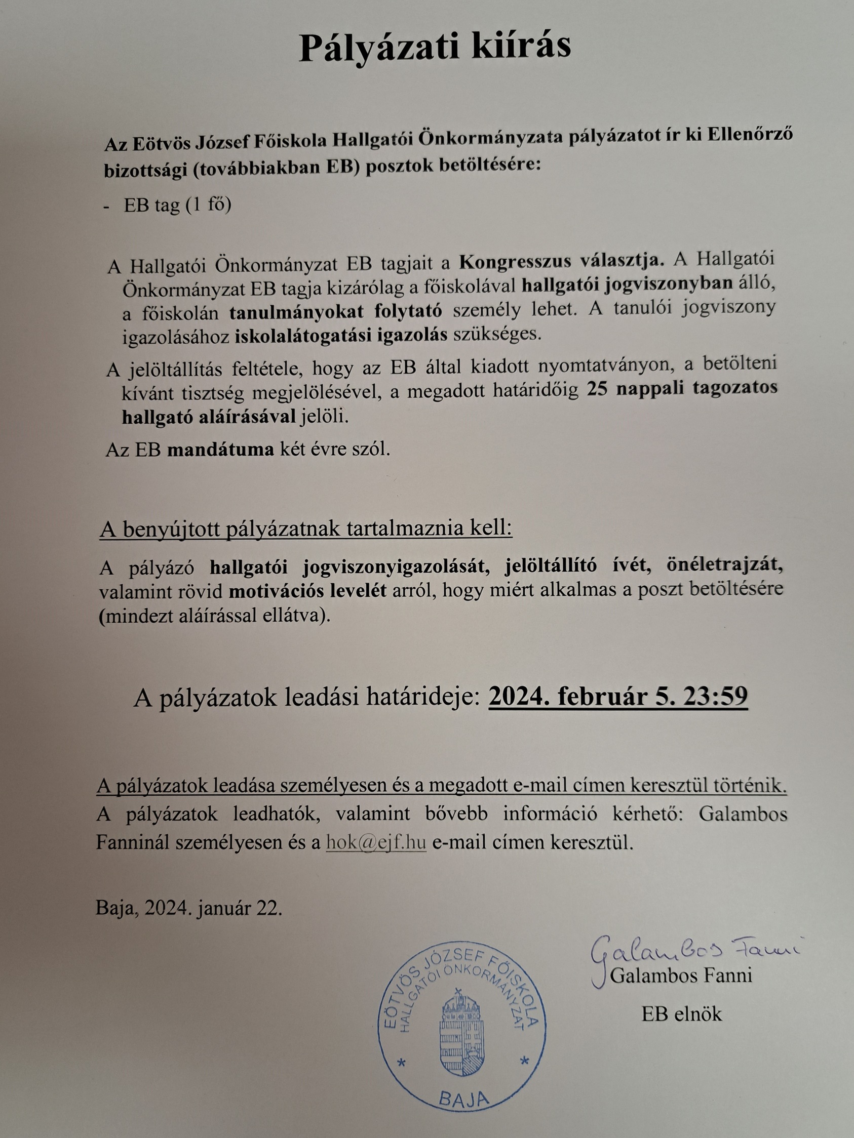 Pályázati kiírás - HÖK