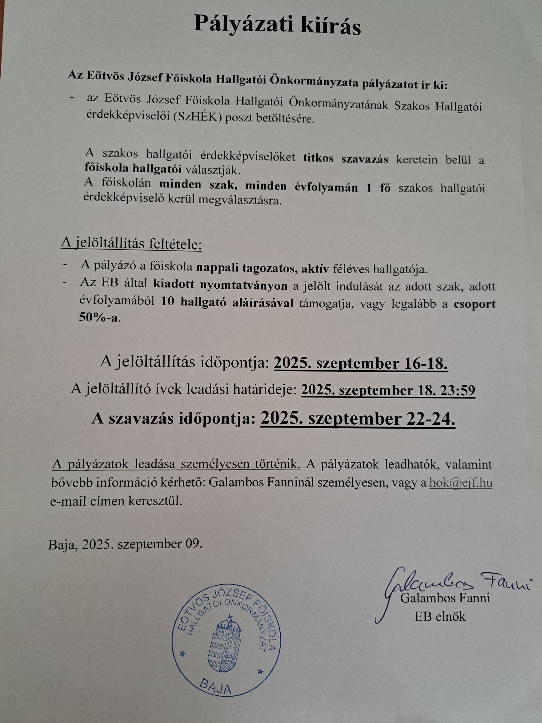 Pályázati kiírás - HÖK