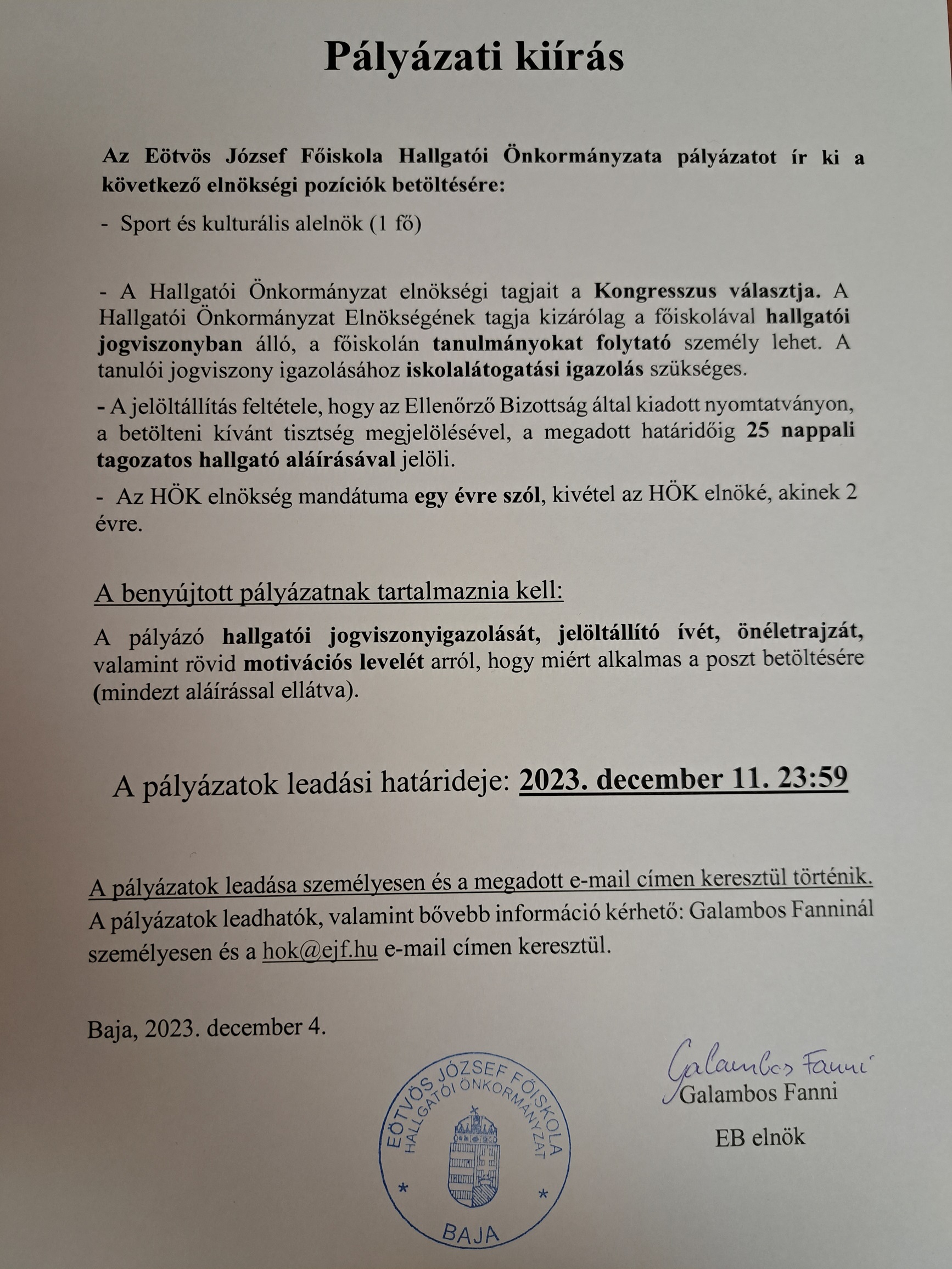 Az EJF Hallgatói Önkormányzata pályázatot hirdet sport és kulturális alelnöki pozíció betöltésére