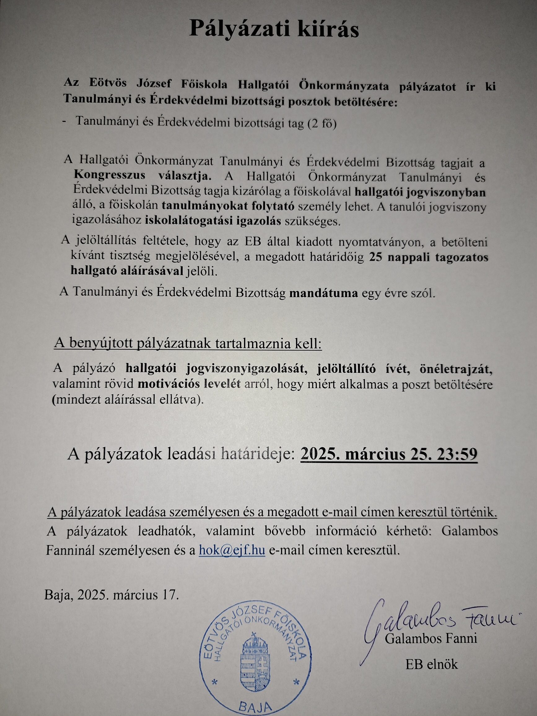 HÖK pályázati kiírás