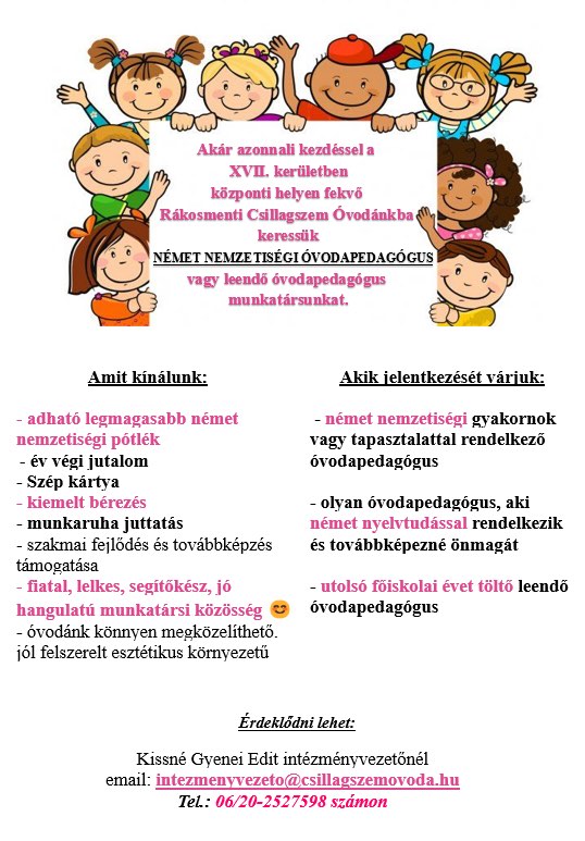 Álláslehetőség-Rákosmenti Csillagszem Óvoda